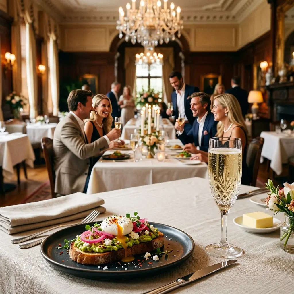 An elegant, formal brunch table setting featuring Avocado Toast with Pickled Red Onion, with a brunch party in the background
