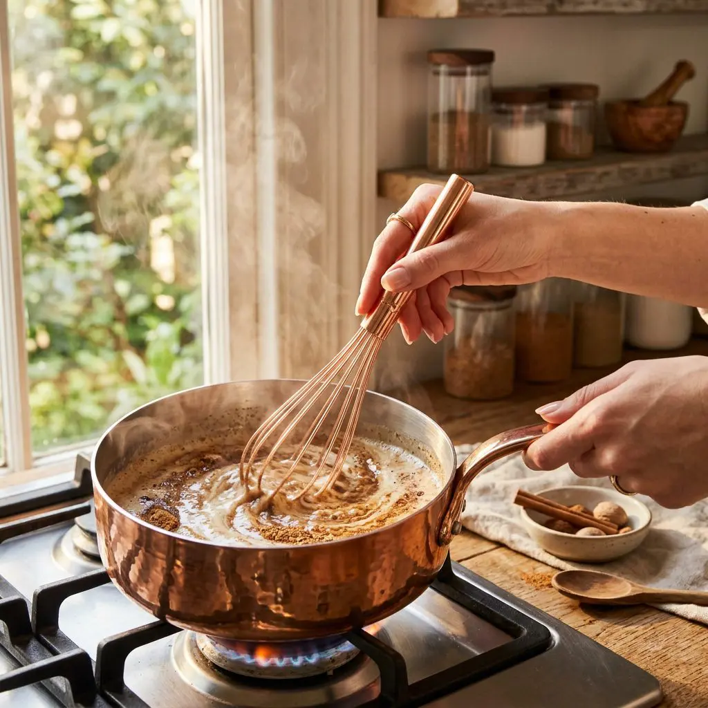 Clean hands using a copper whisk to stir together rich half-and-half, brown sugar, white sugar, and warm spices (cinnamon, nutmeg) in a polished copper saucepan over a soft stove flame. Soft steam rises from the pan, catching the warm, golden early-summer afternoon sunlight streaming through a nearby window. In the soft-focus background, clean kitchen counters and plain glass spice jars without any labels, text, or writing rest on a weathered wooden shelf. Detailed, clean, and styling.
