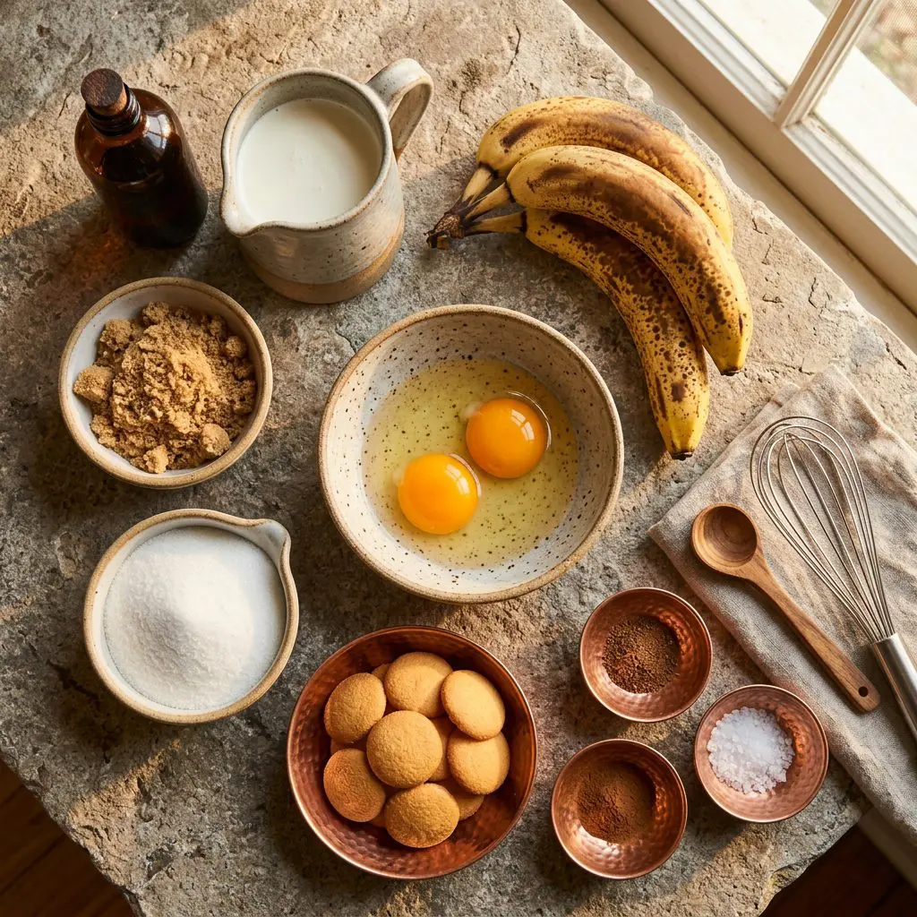 Raw ingredients arranged in warm copper bowls and stoneware dishes on a weathered stone tabletop. The ingredients include a bottle of pure vanilla extract in an amber glass bottle, a small stoneware pitcher of fresh cream and half-and-half, ripe bananas with brown speckled skins, brown sugar and granulated sugar in ceramic pinch bowls, two eggs showing rich golden egg yolks in a stoneware bowl, whole vanilla wafer cookies in a small copper dish, and tiny copper bowls of nutmeg, cinnamon, and salt. Warm early-summer golden hour lighting, detailed and premium.