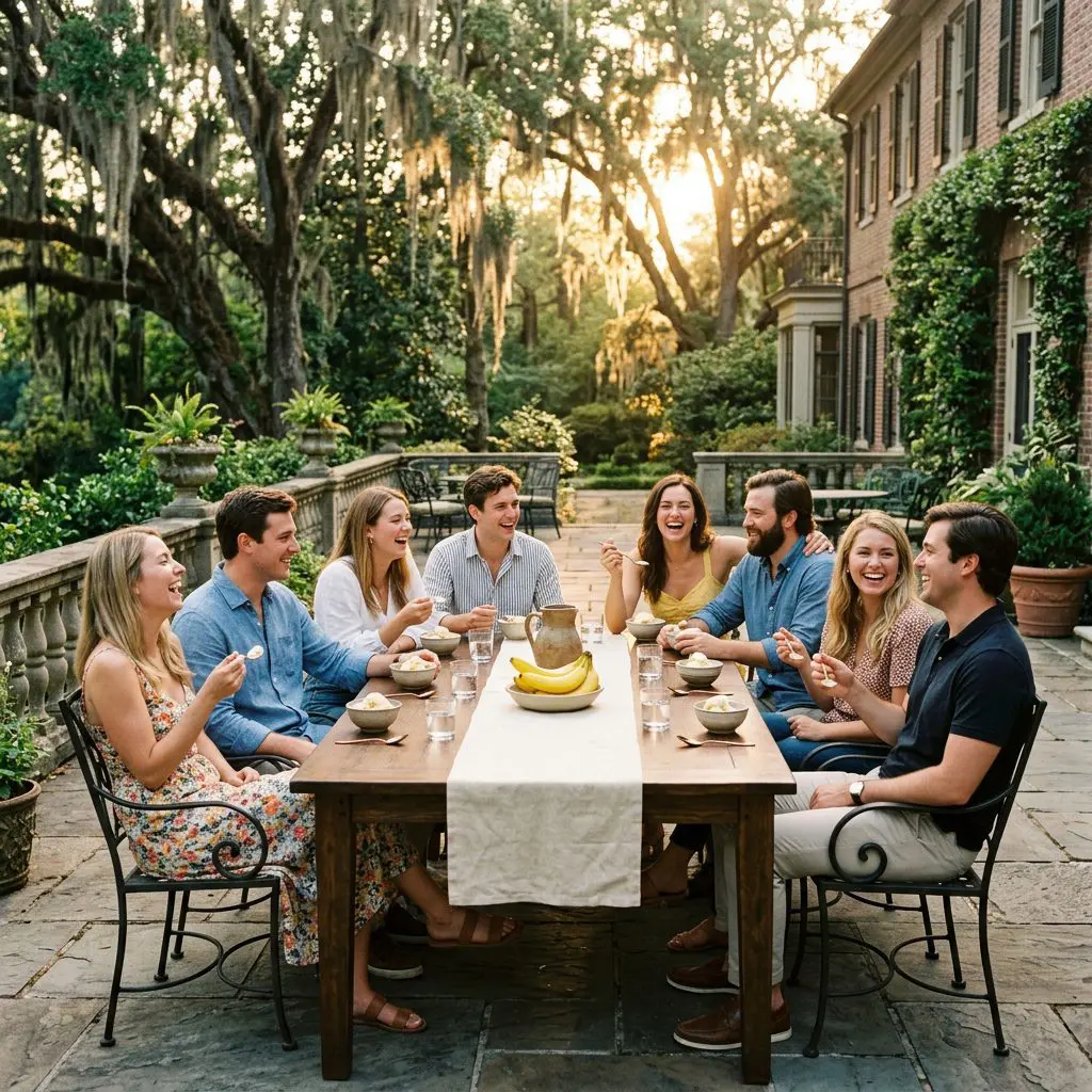 Eight guests laughing, sharing stories, and enjoying homemade banana pudding ice cream together. They are gathered around a long rustic oak table on the grand stone terrace of a historic Georgia woodland estate, decorated with cream linen runners, copper spoons, stoneware dessert bowls, and bowls of ripe yellow bananas. The early-summer golden hour sun shines warmly through the Spanish moss of ancient oaks draped in the background, casting long, soft shadows.