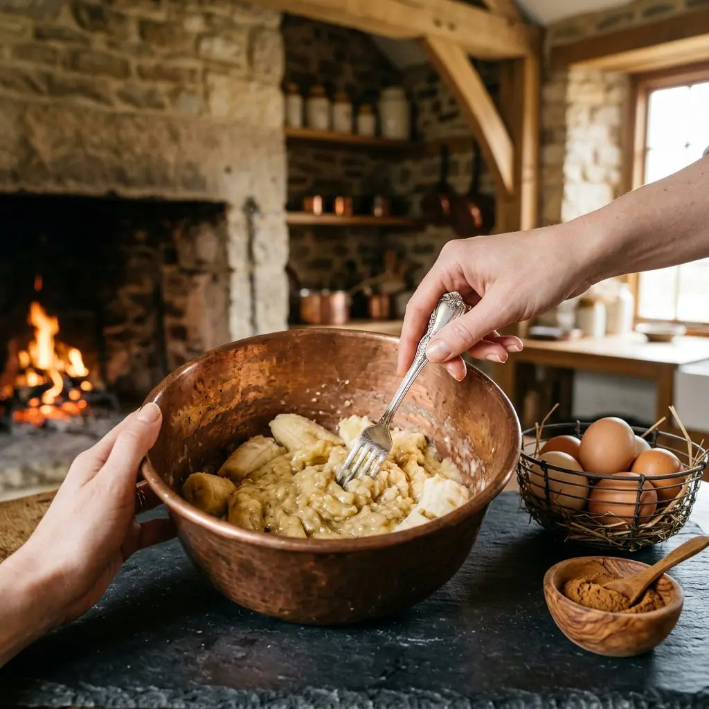 A close-up action culinary photograph of clean, elegant hands using a vintage silver fork to mash ripe, sweet bananas in a large copper mixing bowl on a dark slate tabletop. Next to the bowl are fresh brown eggs in a small wire basket and a wooden bowl of fragrant pumpkin pie spice.