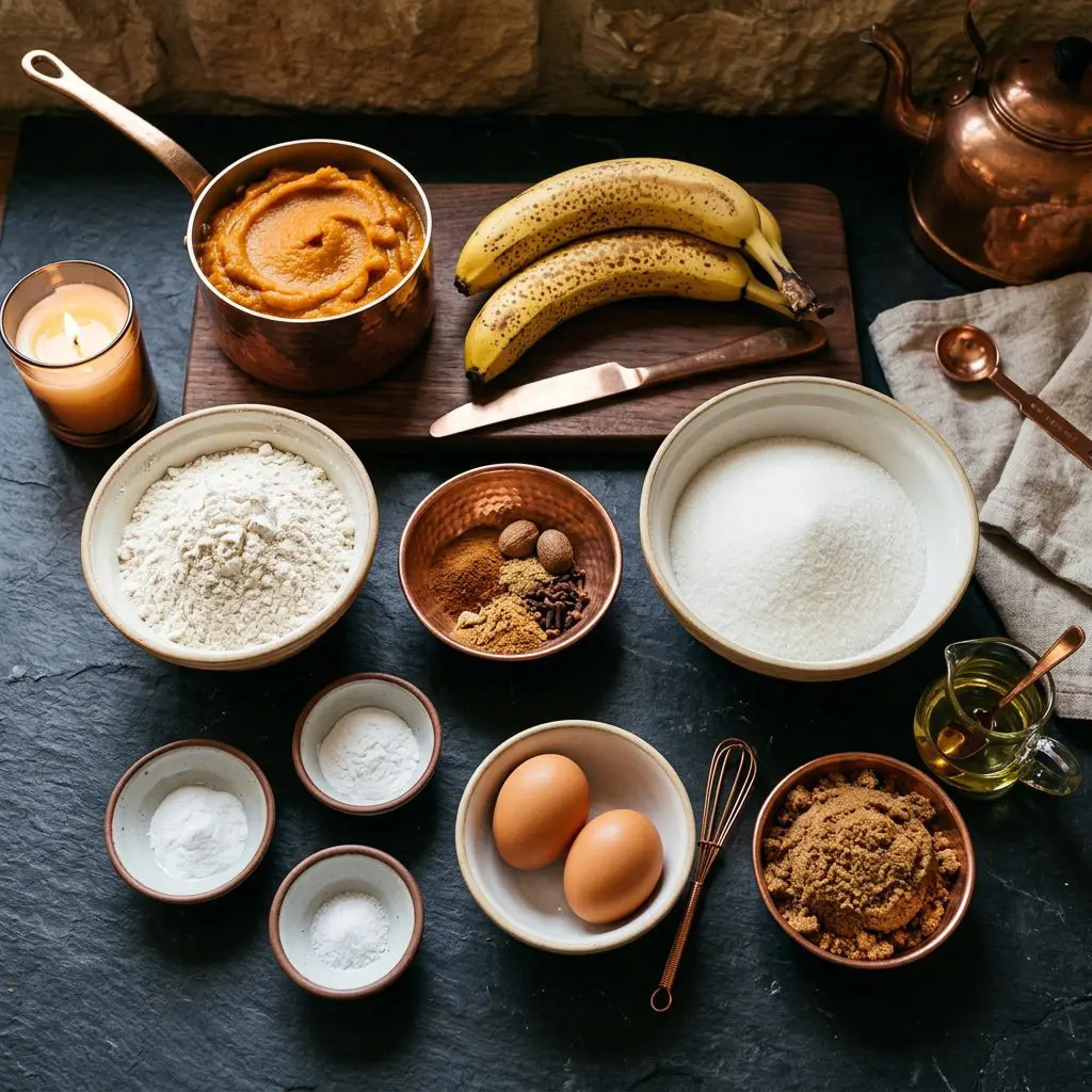 An elegant overhead flat-lay culinary photograph of raw ingredients (mise en place) for pumpkin-banana muffins, arranged beautifully in handcrafted copper and vintage white ceramic bowls on a dark slate-topped harvest table inside a cozy stone bakehouse. The ingredients include unbleached flour, pumpkin pie spice, baking soda, baking powder, kosher salt, ripe speckled bananas, fresh brown eggs, creamy pumpkin puree in a copper pot, vegetable oil, and granulated and brown sugars in ceramic bowls.