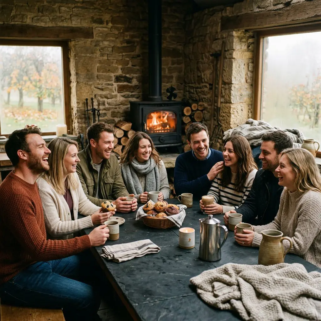 A beautiful, premium hospitality and lifestyle photograph of exactly eight Caucasian young adult guests (four couples, where a couple is one man and one woman) laughing, sharing coffee, and enjoying freshly baked muffins. They are gathered around a long dark slate harvest table inside a cozy stone bakehouse in a foggy autumn orchard. A roaring cast-iron stove in the background glows warmly, illuminating the thick stone walls. Heavy knit blankets, stoneware mugs, and cozy rustic decorations are on the table.