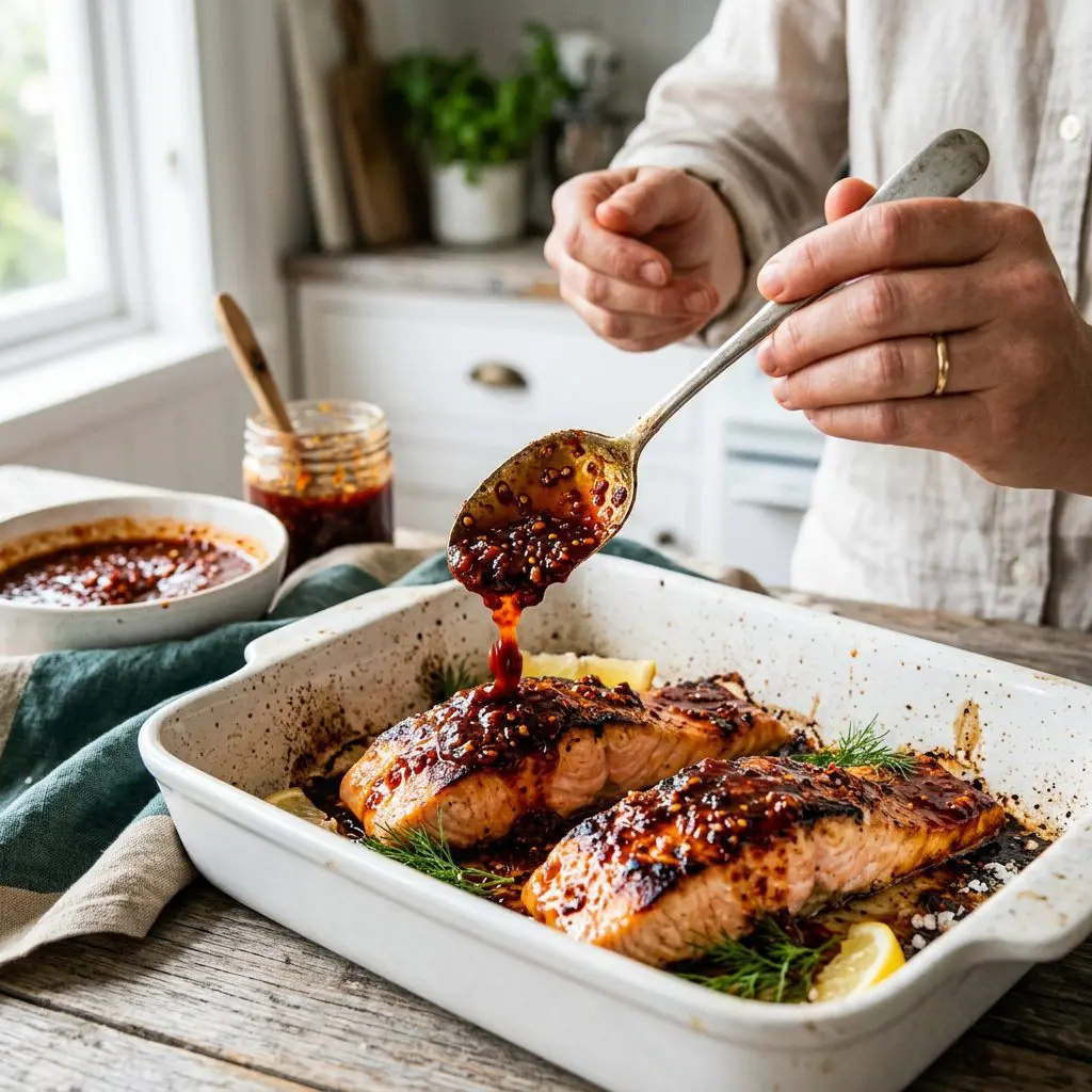 A cook's hand using a silver spoon to shower a thick, fiery red, sticky glaze of barbecue sauce and crispy chili oil over partially roasted, sizzling salmon fillets resting in a white ceramic baking dish.