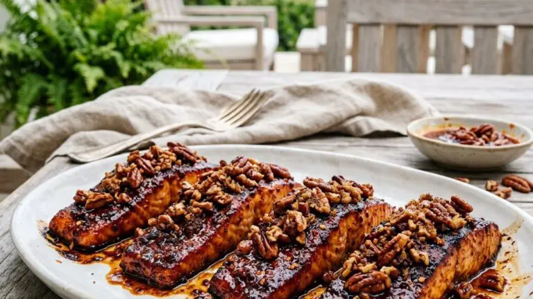 Stunning plated serving of Barbecue Salmon with Chili Oil and Buttered Pecans, a chef-tested recipe by Chef Jorj Morgan.