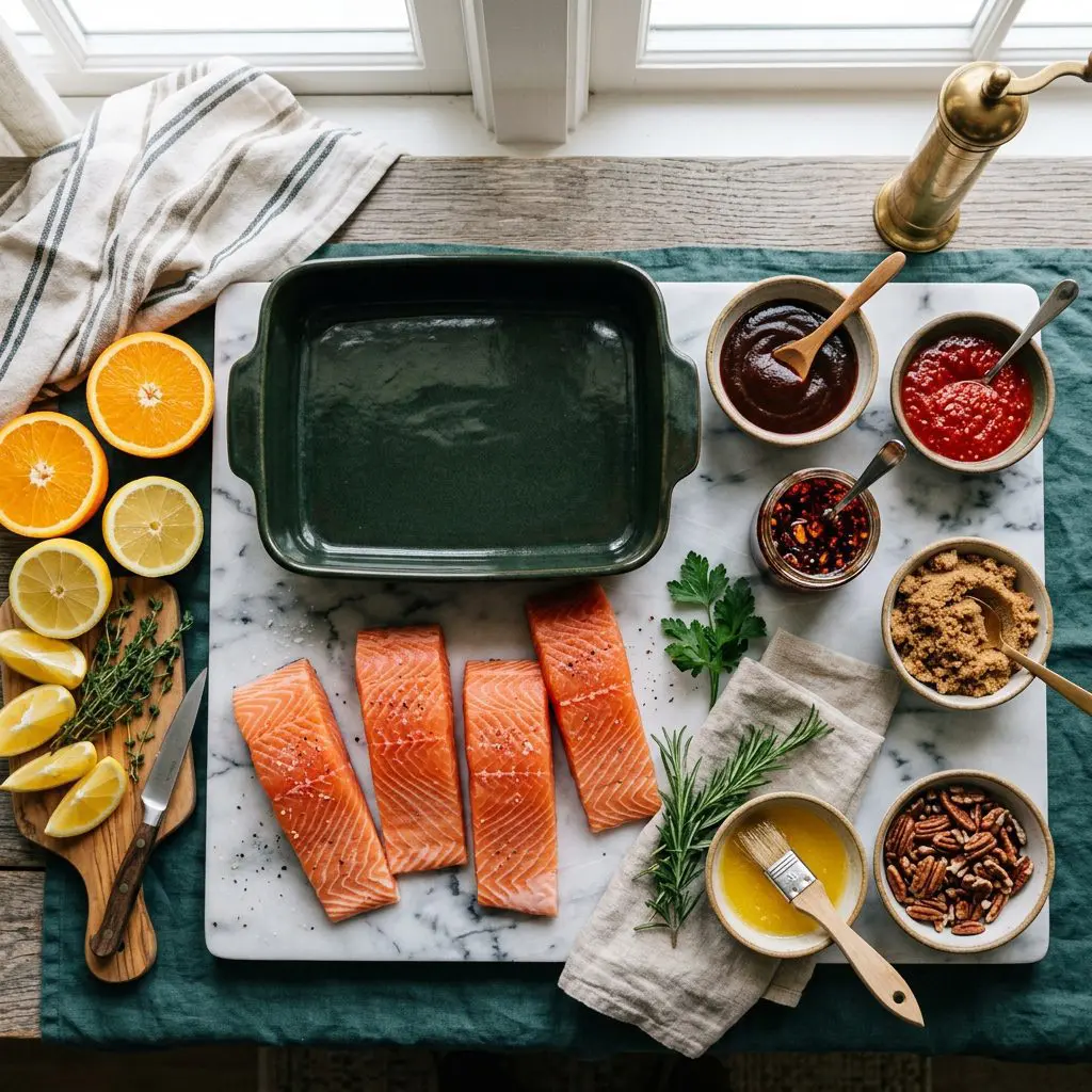 Ingredients arranged: four thick raw salmon fillets, bowls of dark barbecue sauce, vibrant red chili sauce, a jar of dark red crispy chili oil with visible garlic flakes, fresh oranges, lemons, brown sugar, butter, and chopped pecans around a heavy ceramic baking dish on a marble prep board.
