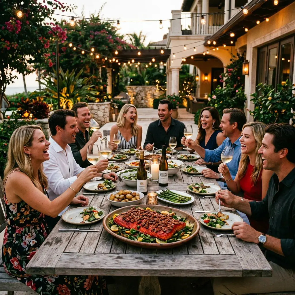8 guests gathered around the table laughing loudly, eating, and drinking icy off-dry Riesling in long-stemmed glasses in a Palm Beach Estate dining patio under string lights. A massive platter of fiery red glazed salmon crowned with golden pecans anchors the lively coastal patio dinner party.