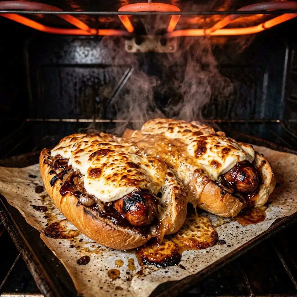 Extreme close-up action shot looking inside a dark oven under a glowing broiler, showing thick slices of fresh mozzarella cheese violently bubbling, melting, and turning toasted golden brown over Barbecue Sausage Hoagies
