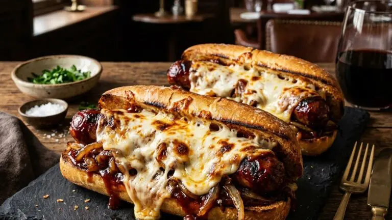 Stunning plated serving of Barbecue Sausage Hoagies with Fennel and Onions, a chef-tested recipe by Chef Jorj Morgan.