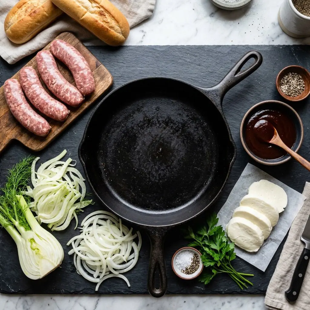 Overhead prep shot of fresh ingredients for gourmet Barbecue Sausage Hoagies, including Italian sausage links, hoagie rolls, sliced fennel, sliced white onions, barbecue sauce, and thick slices of fresh mozzarella cheese arranged around a heavy cast-iron skillet