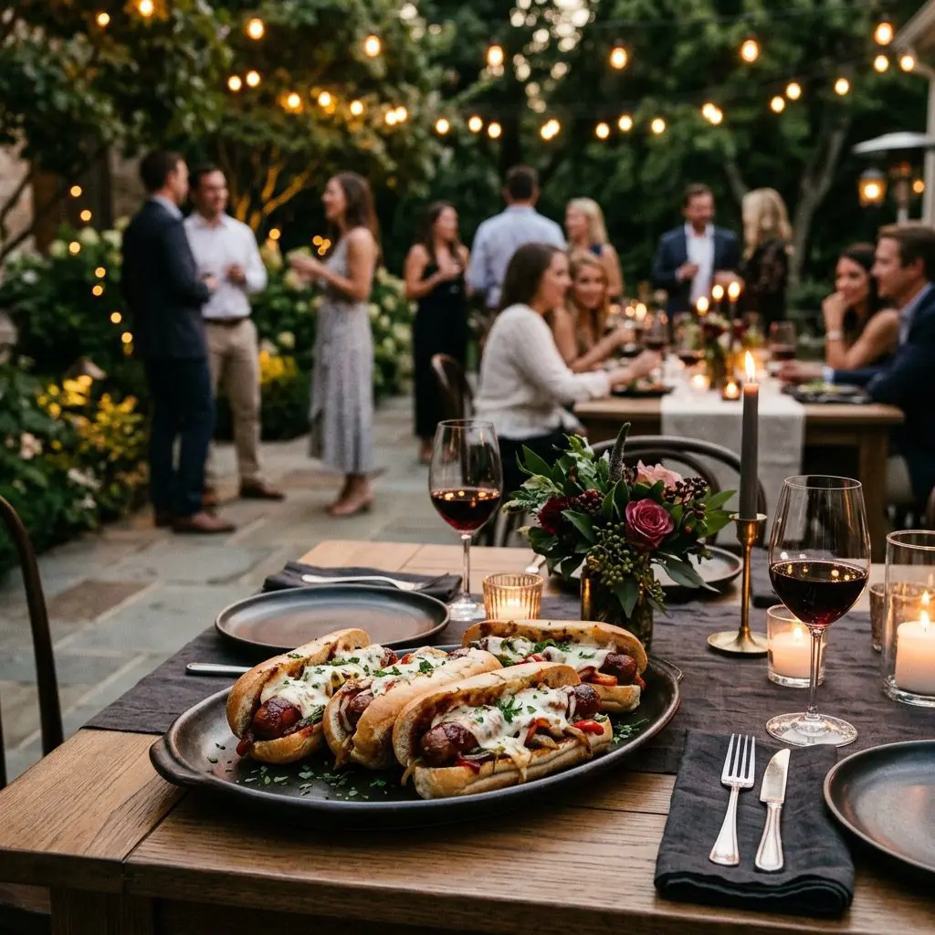 A formal evening outdoor dinner table setting featuring a platter of gourmet Barbecue Sausage Hoagies dripping with melted mozzarella cheese, with a patio gathering in the background.