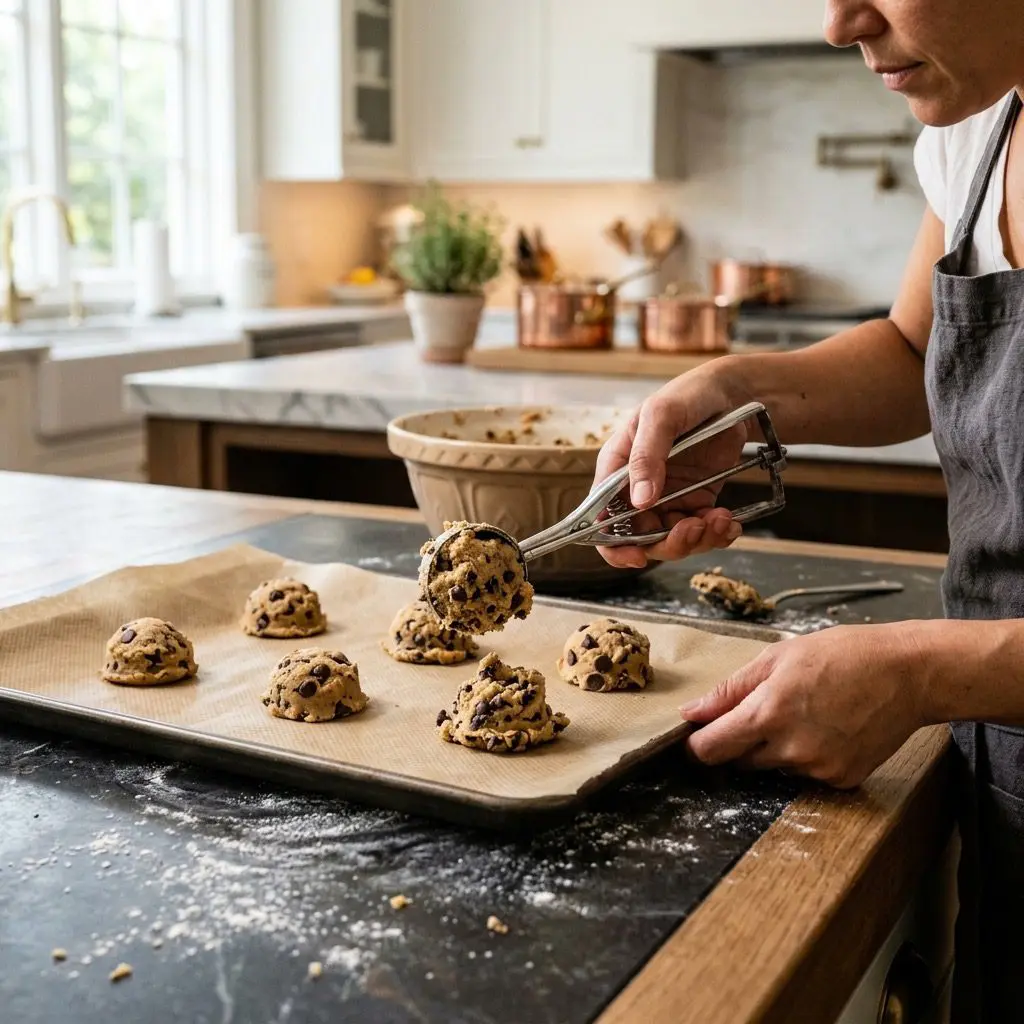 Action shot of a baker's bare hands using a classic metal ice cream scoop to drop portioned rounds of raw chocolate chip cookie dough onto a parchment-lined baking sheet in an upscale estate kitchen.