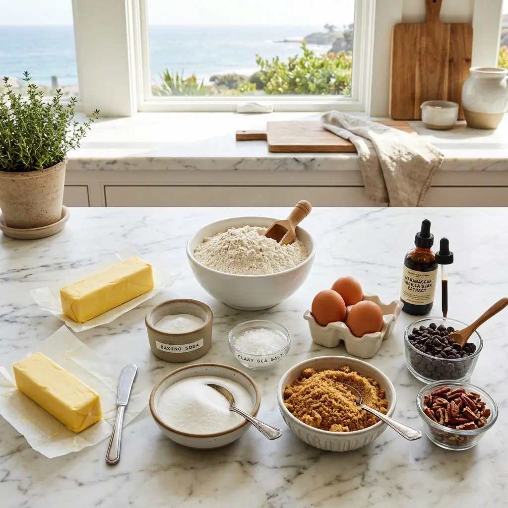 Overhead raw ingredients arrangement on a white marble countertop: a white bowl of unbleached flour, a stoneware ramekin of baking soda, flaky sea salt, sticks of softened butter, bowls of white granulated and brown sugars, two brown eggs, a bottle of dark vanilla bean extract, and small dishes of chocolate chips and pecans in a bright coastal kitchen setting.