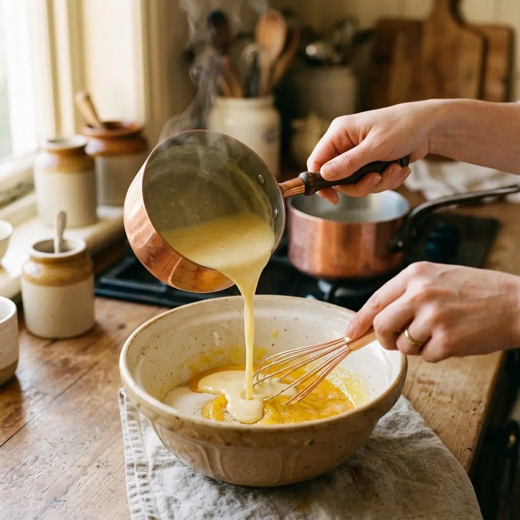 Clean hands using a copper whisk to slowly pour a warm, steaming stream of cream-milk custard into a stoneware bowl containing golden egg yolks and sugar. A copper saucepan rests in a soft-focus blur in the background. Soft golden kitchen lighting.