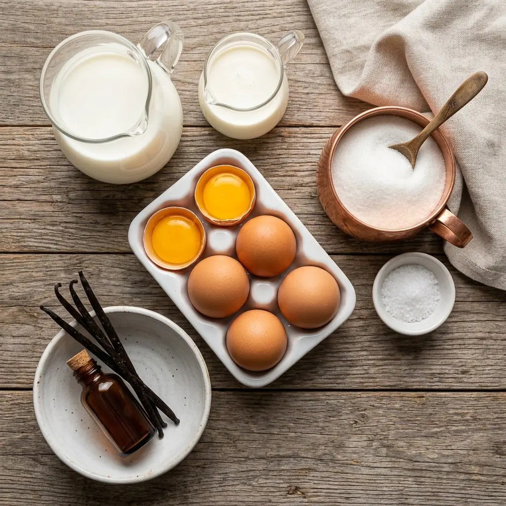 Raw ingredients arranged in copper and white stoneware bowls on a weathered teakwood table. The ingredients include a glass pitcher of fresh milk, a pitcher of rich heavy cream, a small dish of vanilla beans and pure extract in an amber bottle, six large brown eggs showing golden egg yolks in a white ceramic dish, a copper cup of sugar, and a small pinch bowl of kosher salt. Soft golden lighting, clean and styling.