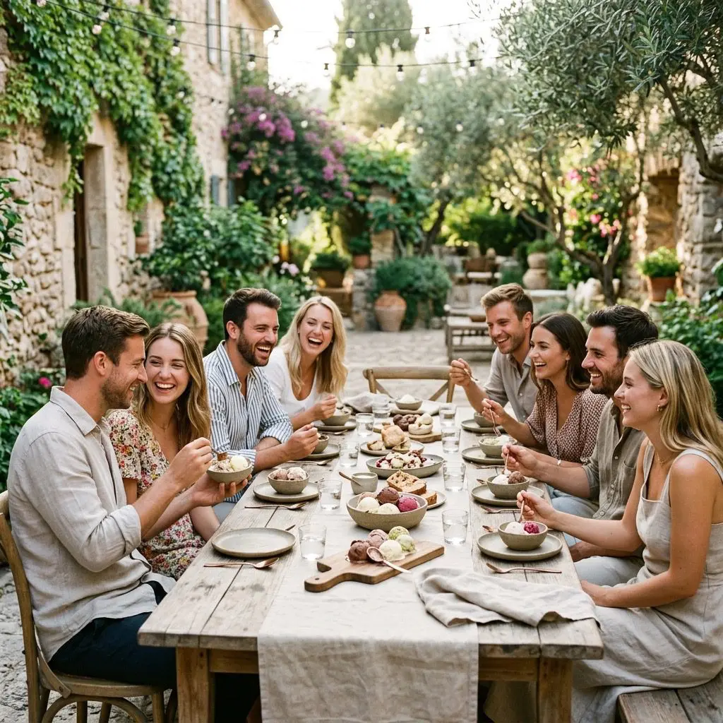 Eight guests laughing, sharing desserts, and enjoying fresh ice cream together. They are gathered around a long weathered teakwood harvest table inside a sun-dappled stone-walled garden courtyard on a warm midsummer late afternoon. The table is dressed with linen runners, stoneware dessert bowls, and copper spoons. Cozy, branding.