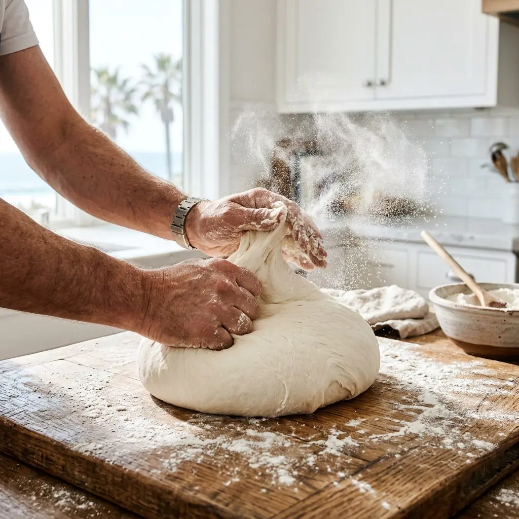 A cook's hands kneading a massive, smooth, intensely soft mound of white bread dough on a floured wooden cutting board. Fine white flour dust is puffing into the air around the hands.