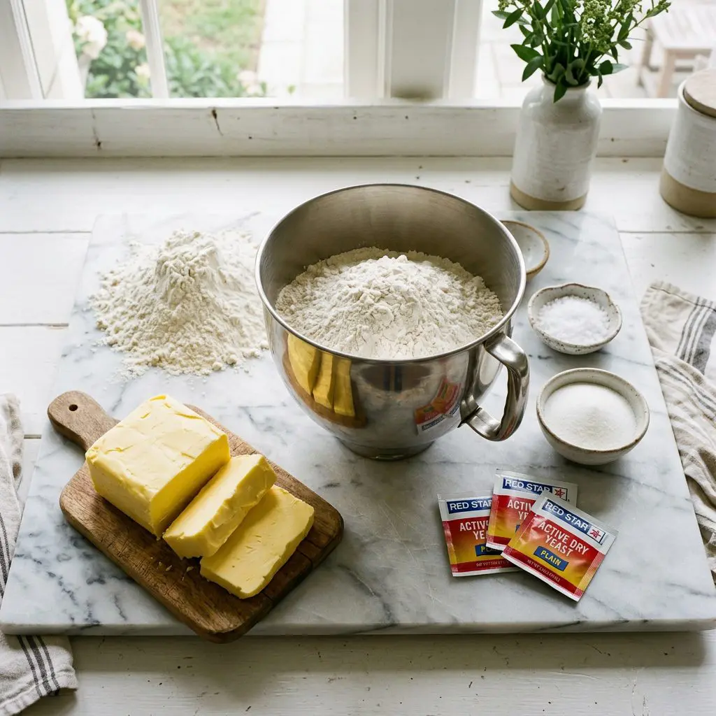 Ingredients arranged: a massive mound of unbleached white flour, huge blocks of vibrant yellow butter, small bowls of white sugar, coarse kosher salt, and active dry yeast packets surrounding a massive silver electric mixer bowl on a marble prep board.