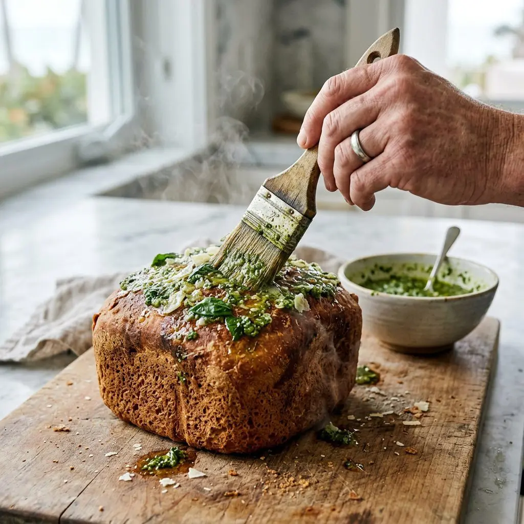 A cook's hand using a thick pastry brush to slather a bubbling, intensely fragrant slurry of bright green chopped basil, grated Parmesan, and olive oil entirely over the steaming golden-brown crust of a freshly baked, square bread machine loaf.