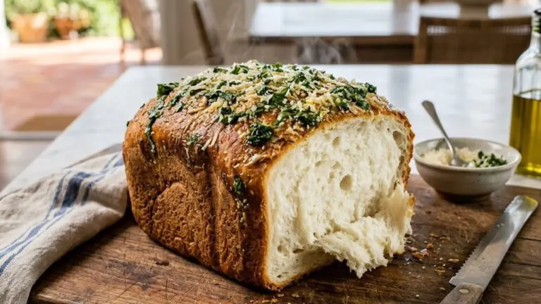 Stunning plated serving of Bread Machine Basil Ricotta Bread with Parmesan Topping, a chef-tested recipe by Chef Jorj Morgan.