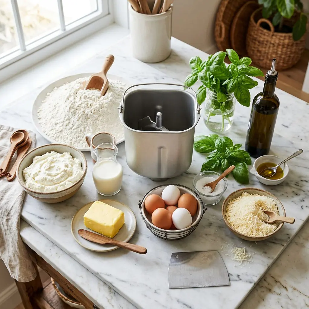 Ingredients arranged: a massive mound of white bread flour, a huge tub of stark white ricotta cheese, a small pitcher of half-and-half, vibrant yellow butter, raw eggs, coarse kosher salt, piles of sharp grated Parmesan, bunches of bright green fresh basil, and rich olive oil surrounding a metal bread machine bucket on a marble prep board.