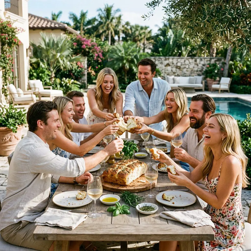 8 guests gathered tightly around a sun-drenched patio table, laughing loudly, tearing massive chunks of golden, herb-crusted bread with their hands, and drinking fiercely chilled Pinot Grigio in glasses on a Palm Beach Estate patio. A massive steaming loaf of basil ricotta bread anchors the lively coastal afternoon party.