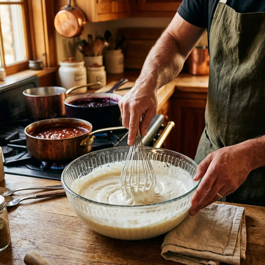 A cook's hand using a whisk to vigorously stir a bright, creamy Alabama white barbecue sauce in a large glass bowl, while two pots of dark red and purple sauces simmer on the stove in the background.