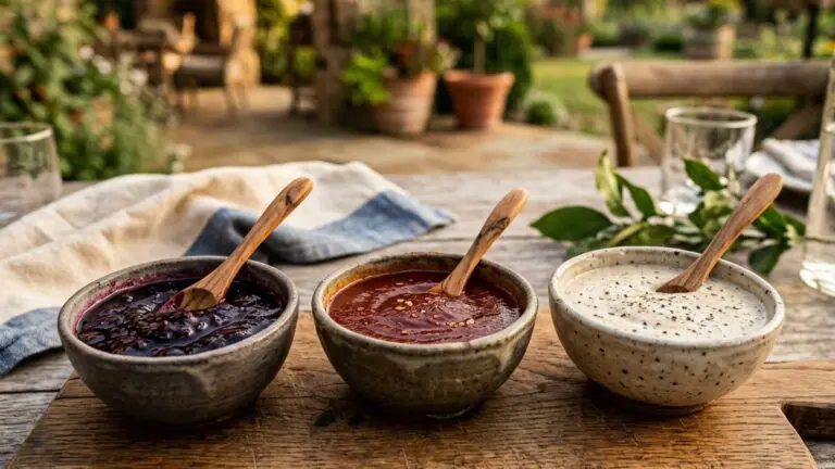 Stunning plated serving of Red, White, and Blue Barbecue Sauces, a chef-tested recipe by Chef Jorj Morgan.