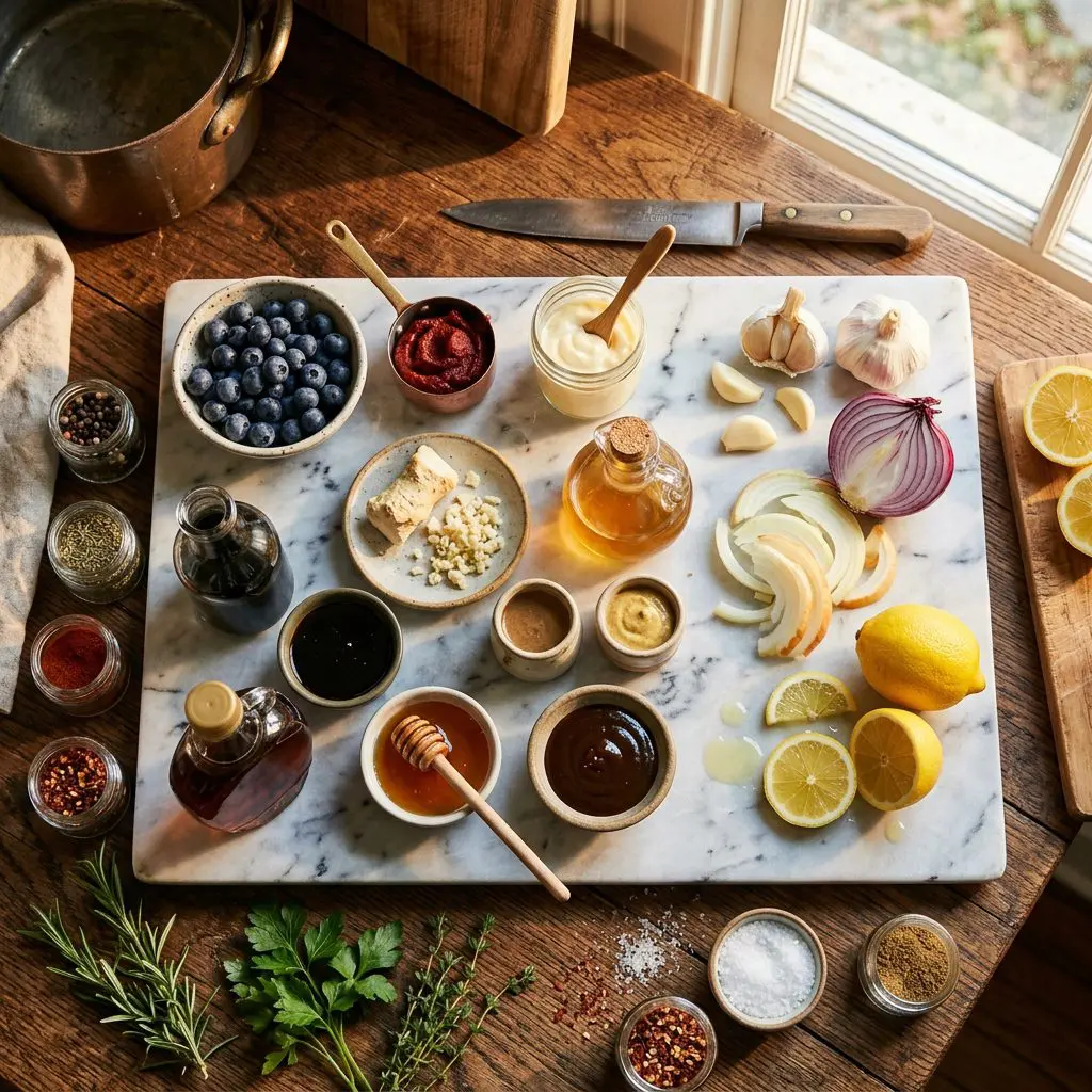 Ingredients arranged: fresh blueberries, tomato paste, mayonnaise, horseradish, apple cider vinegar, Dijon mustard, hoisin sauce, honey, maple syrup, dark molasses, soy sauce, garlic, onions, lemons, and various spices around a marble prep board.