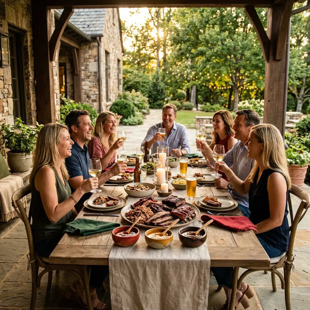8 guests gathered around the table laughing, eating, and drinking white wine and beer in a North Carolina Estate dining patio. A beautiful presentation of three colorful Barbecue Sauces in ceramic bowls anchors the center of the joyful feast alongside a massive platter of smoked meats.