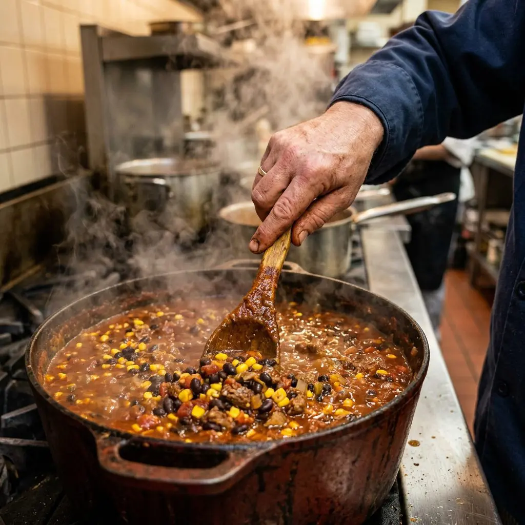 A cook's hand using a heavy wooden spoon to stir a massive, bubbling, dark red pot of thick beef and black bean chili, showing the steam rising and the vibrant contrast of the yellow corn and black beans.