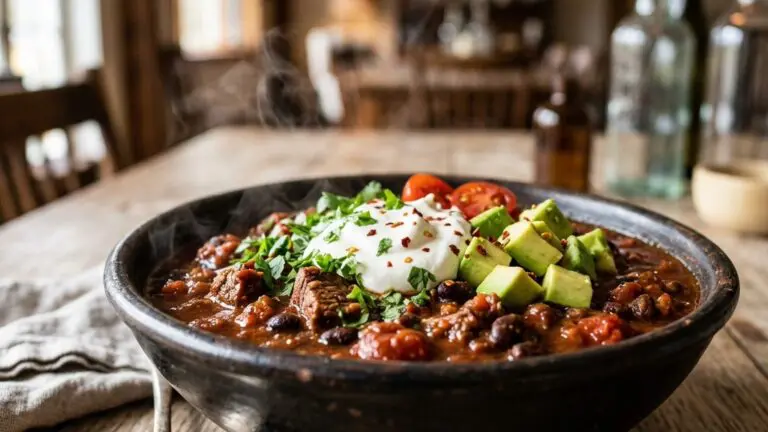 Stunning plated serving of Slow Cooker Fiery Beef and Black Bean Chili, a chef-tested recipe by Chef Jorj Morgan.