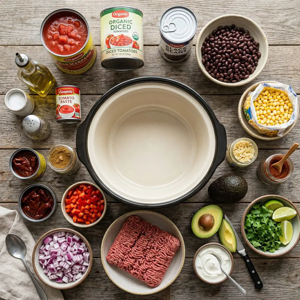 Ingredients arranged for chili: four pounds of raw ground beef, diced red onions, diced red bell peppers, minced garlic, canned chipotle peppers in adobo, frozen corn, large cans of diced tomatoes, tomato paste, black beans, chili powder, cumin, and fresh toppings (avocado, cilantro, sour cream) arranged around a heavy ceramic slow cooker insert.