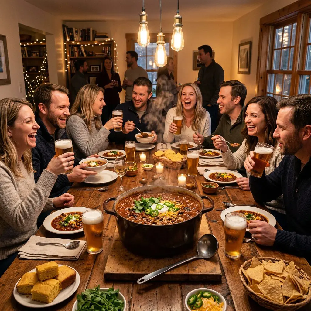 8 guests gathered around the table laughing, eating, and drinking ice-cold beer, with a massive rustic pot of Fiery Beef and Black Bean Chili anchoring the center of the joyful feast.