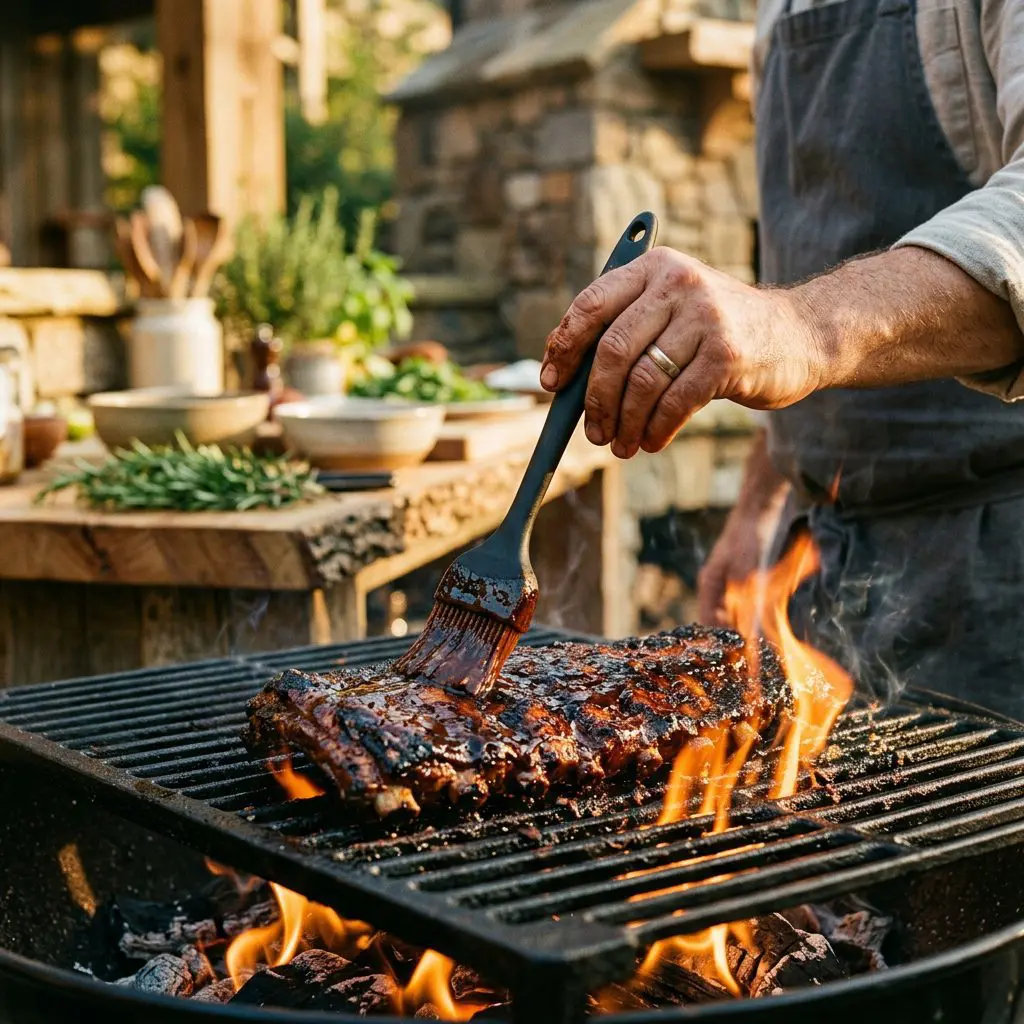 A cook's hand using a silicone basting brush to generously apply a thick, dark, glossy barbecue sauce onto a rack of ribs sizzling over an outdoor grill grate, with flames licking the edges.