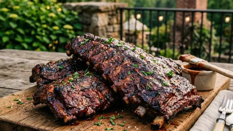 Stunning plated serving of Beer-Basted Baby Back Ribs with Tennessee Whiskey Barbecue Sauce, a chef-tested recipe by Chef Jorj Morgan.