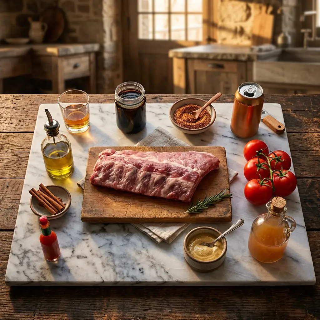 Ingredients arranged: raw baby back ribs, a can of beer, a bowl of dry spice rub, a jar of molasses, tomatoes, apple cider vinegar, a small glass of whiskey, Dijon mustard, hot sauce, cinnamon, and olive oil around a marble prep board.