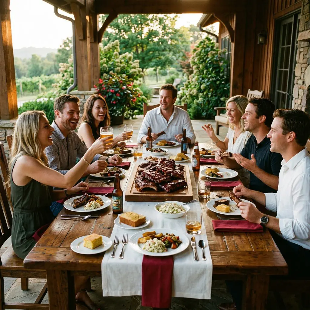 8 guests gathered around the table laughing, eating, and drinking beer and bourbon in a North Carolina Estate dining patio. A massive wooden platter of sticky Baby Back Ribs anchors the center of the joyful feast.