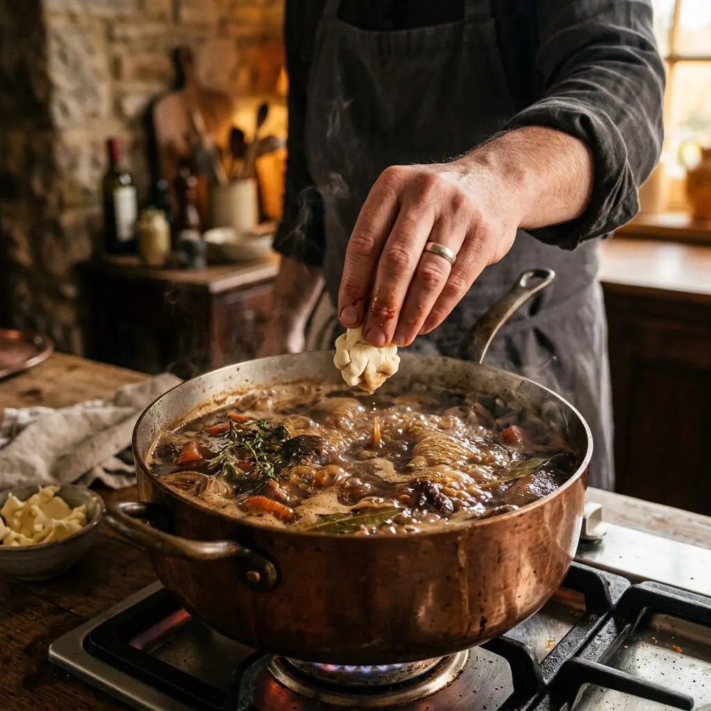 A cook's hand dropping a beurre manié (a small, kneaded ball of mixed butter and flour) into a pot of rapidly boiling, dark brown beef braising liquid to thicken the rich brisket sauce.