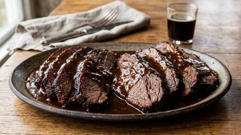 Stunning plated serving of Beer-Braised Beef Brisket, a chef-tested recipe by Chef Jorj Morgan.