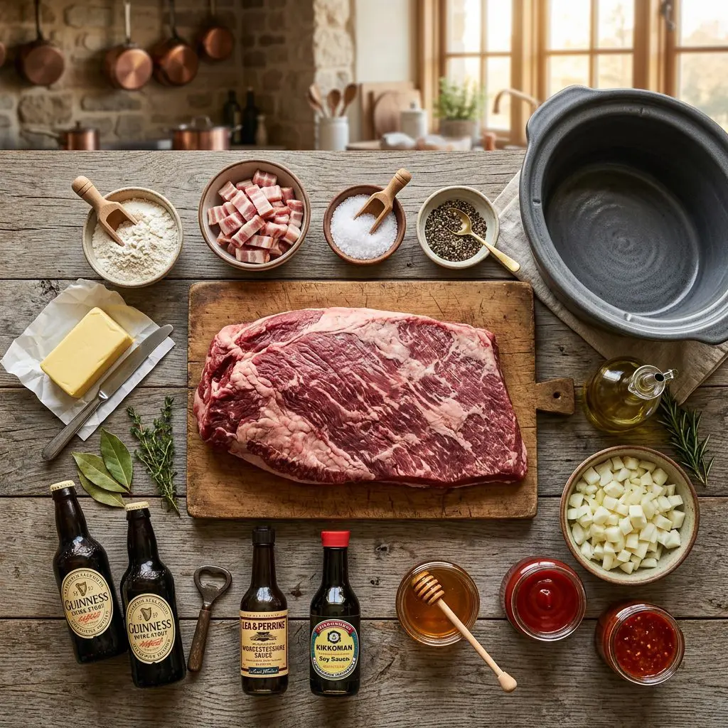 Raw ingredients for braised brisket arranged: a massive raw beef brisket, a bowl of diced bacon, kosher salt, coarse black pepper, olive oil, diced yellow onions, ketchup, chili sauce, honey, Worcestershire sauce, soy sauce, two dark glass bottles of stout beer, bay leaves, butter, and flour arranged around a heavy ceramic slow cooker insert pot.
