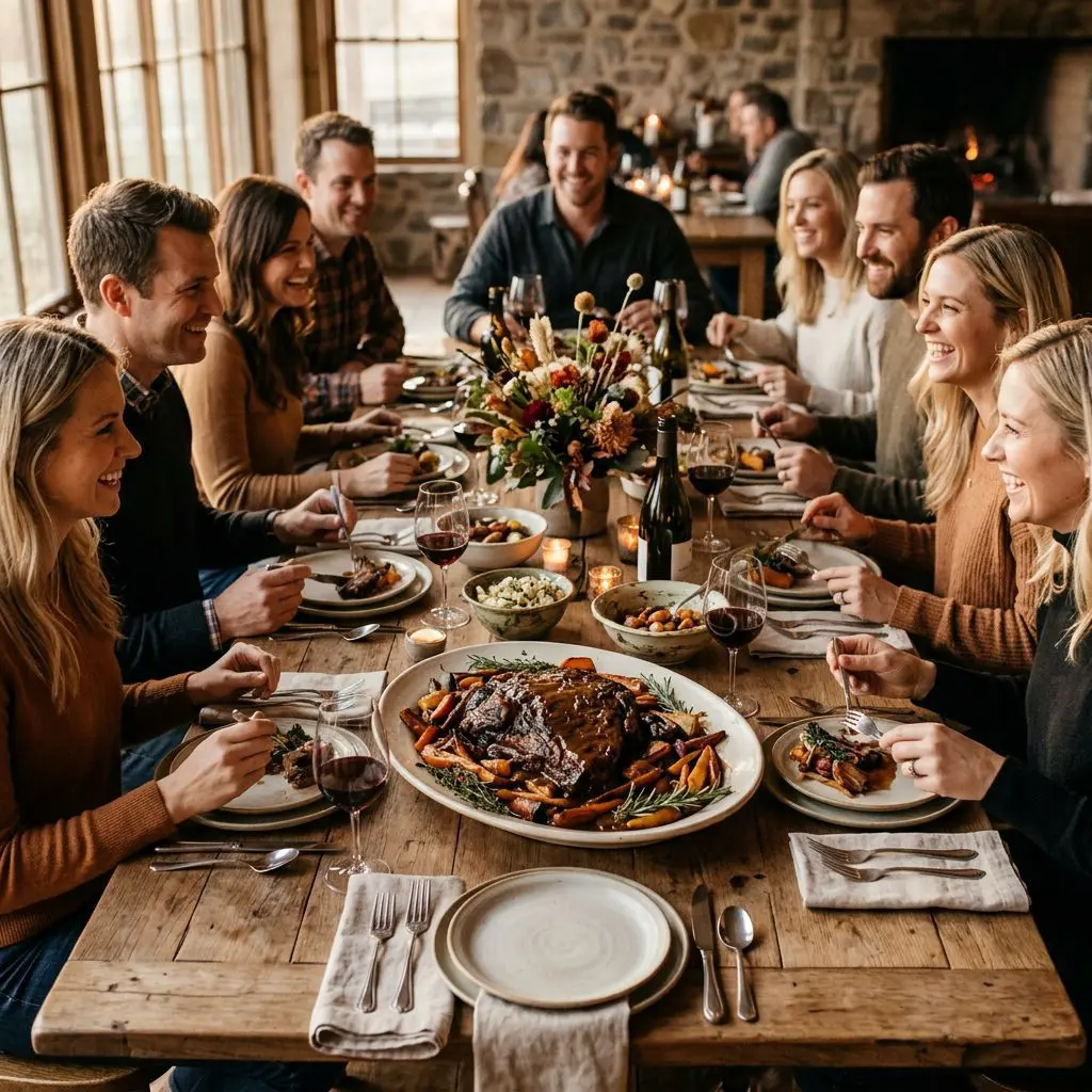 8 guests gathered around the table laughing, eating, and drinking wine, with a large rustic platter holding a massive, saucy Beer-Braised Beef Brisket in the center as the anchor.