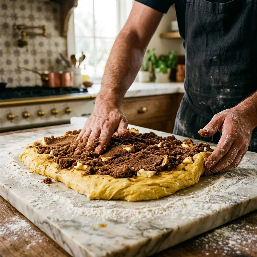 A cook's bare hands spreading a staggeringly thick, heavy layer of dark brown sugar, sharp cinnamon, and chunks of cold butter completely over a massive, incredibly soft sheet of yellow, enriched dough on a floured marble slab. The rich filling is saturating the soft dough surface.