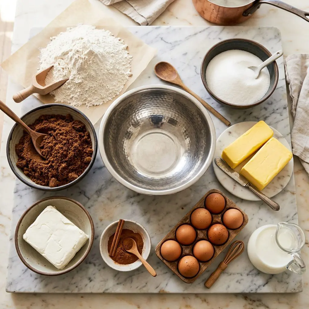 Ingredients arranged: massive mounds of unbleached flour, a stark white block of cream cheese, large bowls of intensely dark brown sugar and white granulated sugar, sharp ground cinnamon, raw eggs, vibrant yellow butter blocks, and a glass cruet of milk surrounding a heavy metal mixing bowl on a marble prep board.