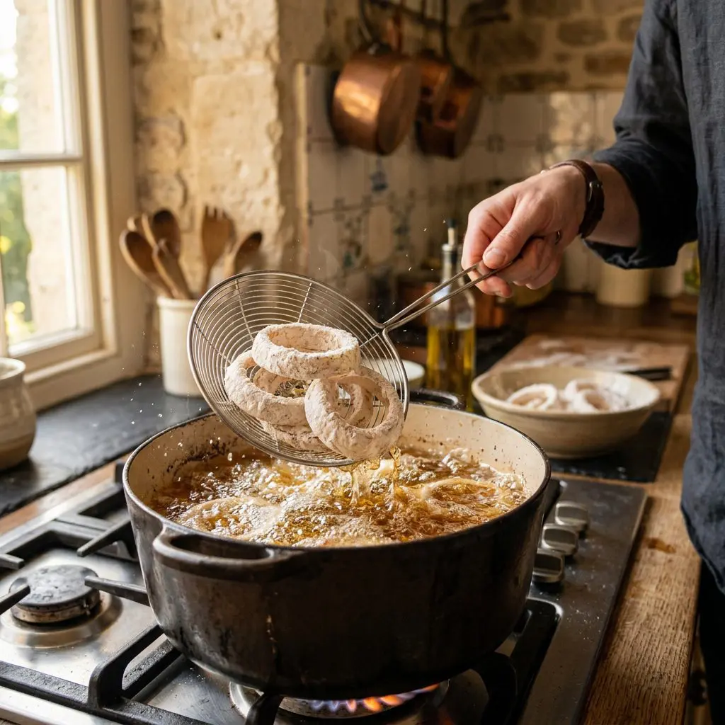 Close-up action shot of thick, flour-dredged raw onion rings being carefully lowered into a pot of bubbling hot frying oil using a silver spider strainer, oil vigorously bubbling and splashing