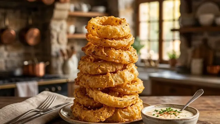 Stunning plated serving of Big Battered Onion Rings with Horseradish Sauce, a chef-tested recipe by Chef Jorj Morgan.