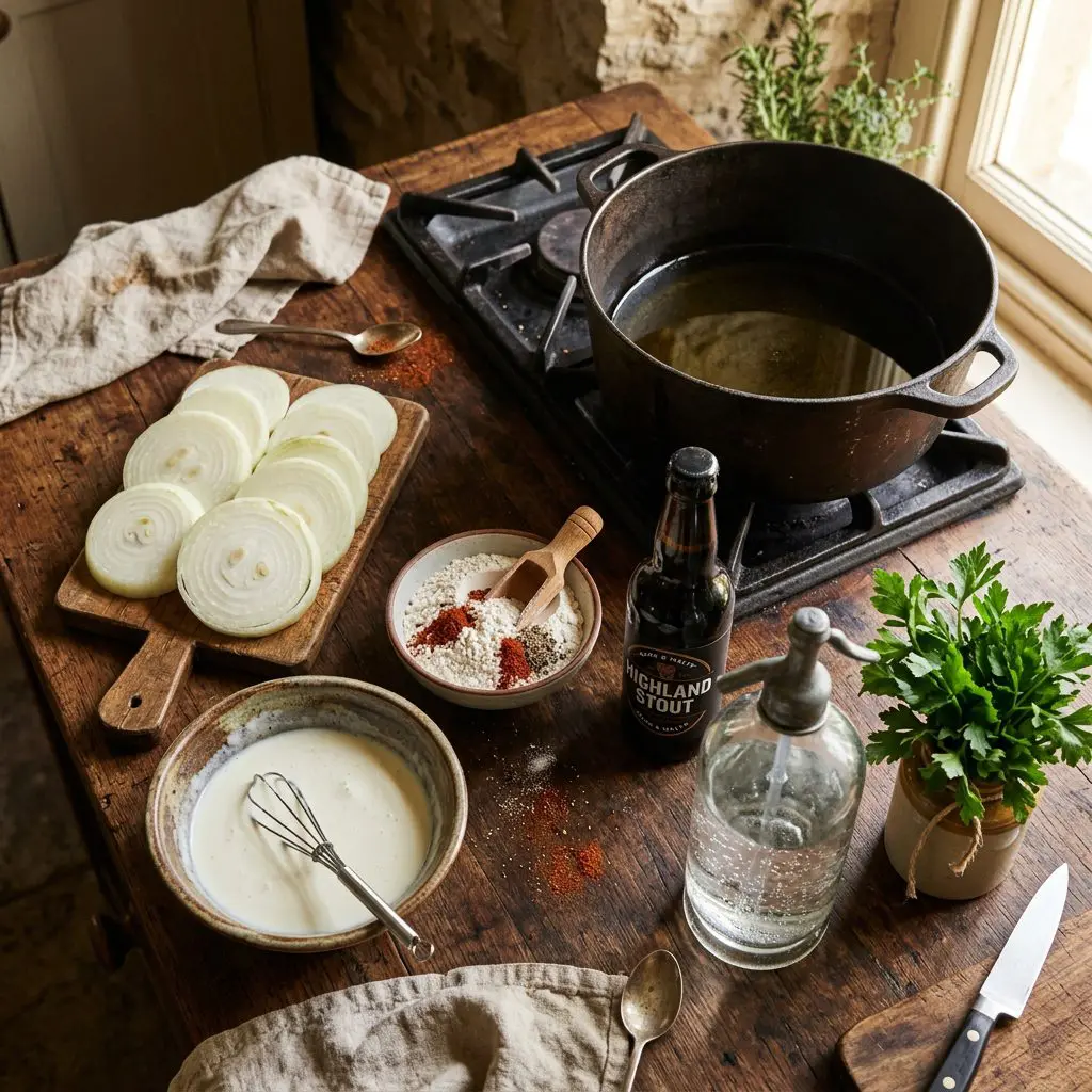 Raw ingredients for beer-battered onion rings arranged: thick slices of raw white sweet onions, a bowl of buttermilk, flour, a bottle of dark beer, club soda, chili powder, and fresh parsley, arranged around a deep cast-iron pot.