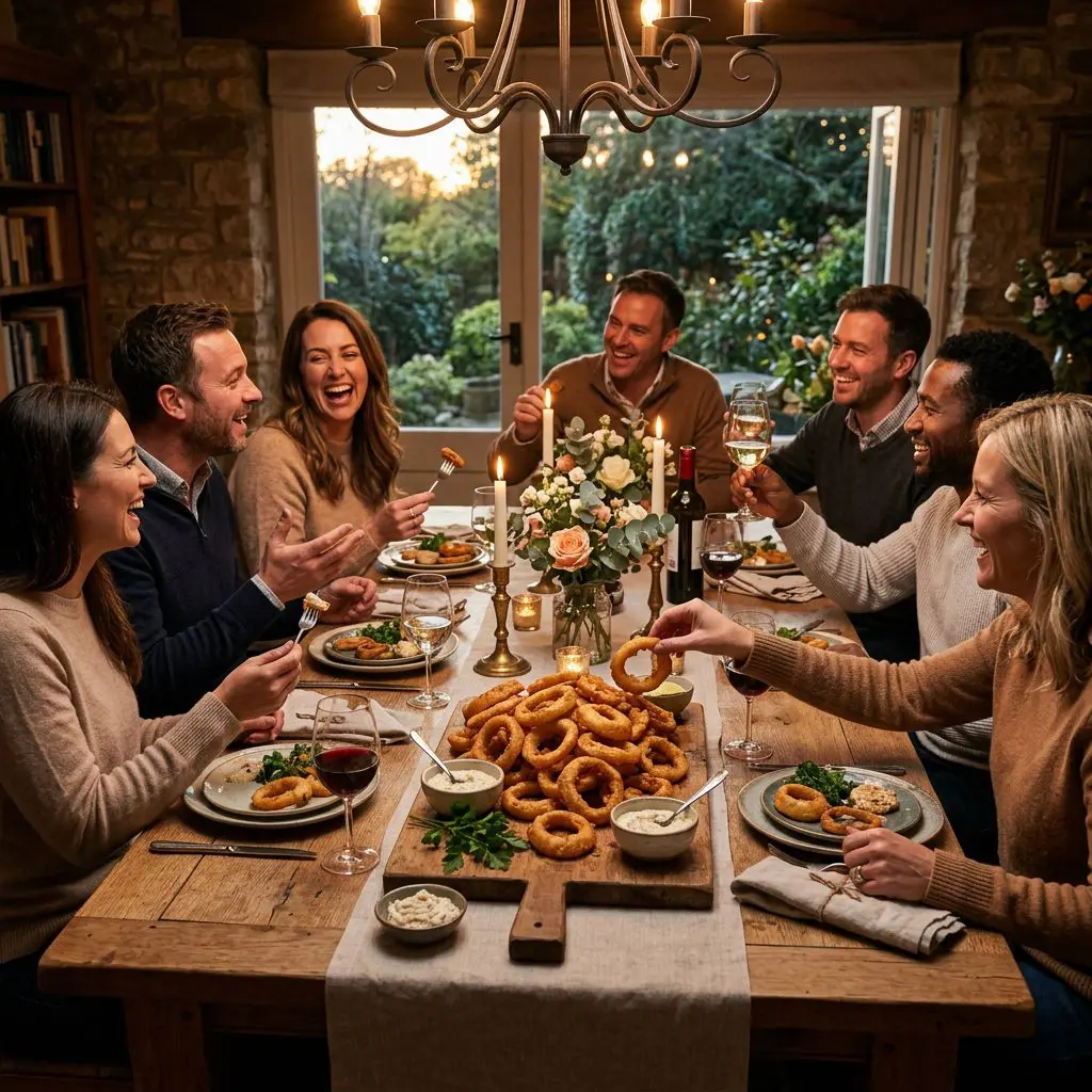 8 guests gathered around the table laughing and eating, with a large rustic wooden board piled high with Big Battered Onion Rings and horseradish sauce in the center as the anchor.