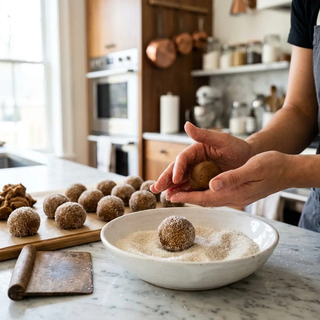Action shot of a cook's bare, very clean hands gently rolling portioned ginger cookie dough into tight, smooth round balls and then rolling them in a shallow white ceramic bowl filled with sparkling granulated sugar, highlighting the glistening sugar coating in a modern estate kitchen.