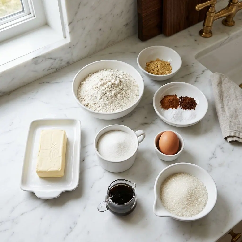 An overhead, neatly organized mise en place on a white marble countertop. Styled white ceramic dishes contain unbleached flour, ground ginger, baking soda, ground cinnamon, ground cloves, salt, room temperature margarine, one cup of granulated sugar, one fresh brown egg, a small glass pitcher of dark molasses, and a separate bowl of sparkling sugar for rolling.